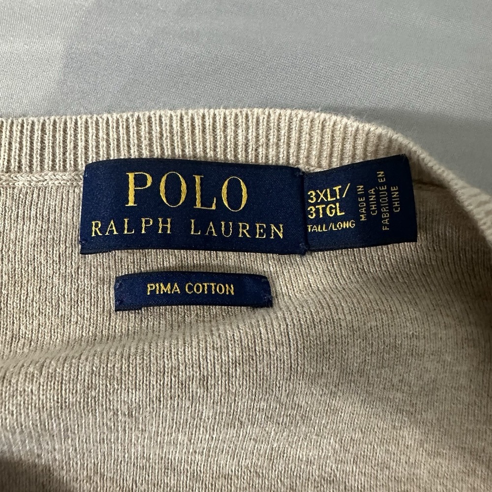 Polo Ralph Lauren Sweater Mens 3XLT Beige V-Neck 100% Pima Cotton Pony Preppy - Picture 6 of 8